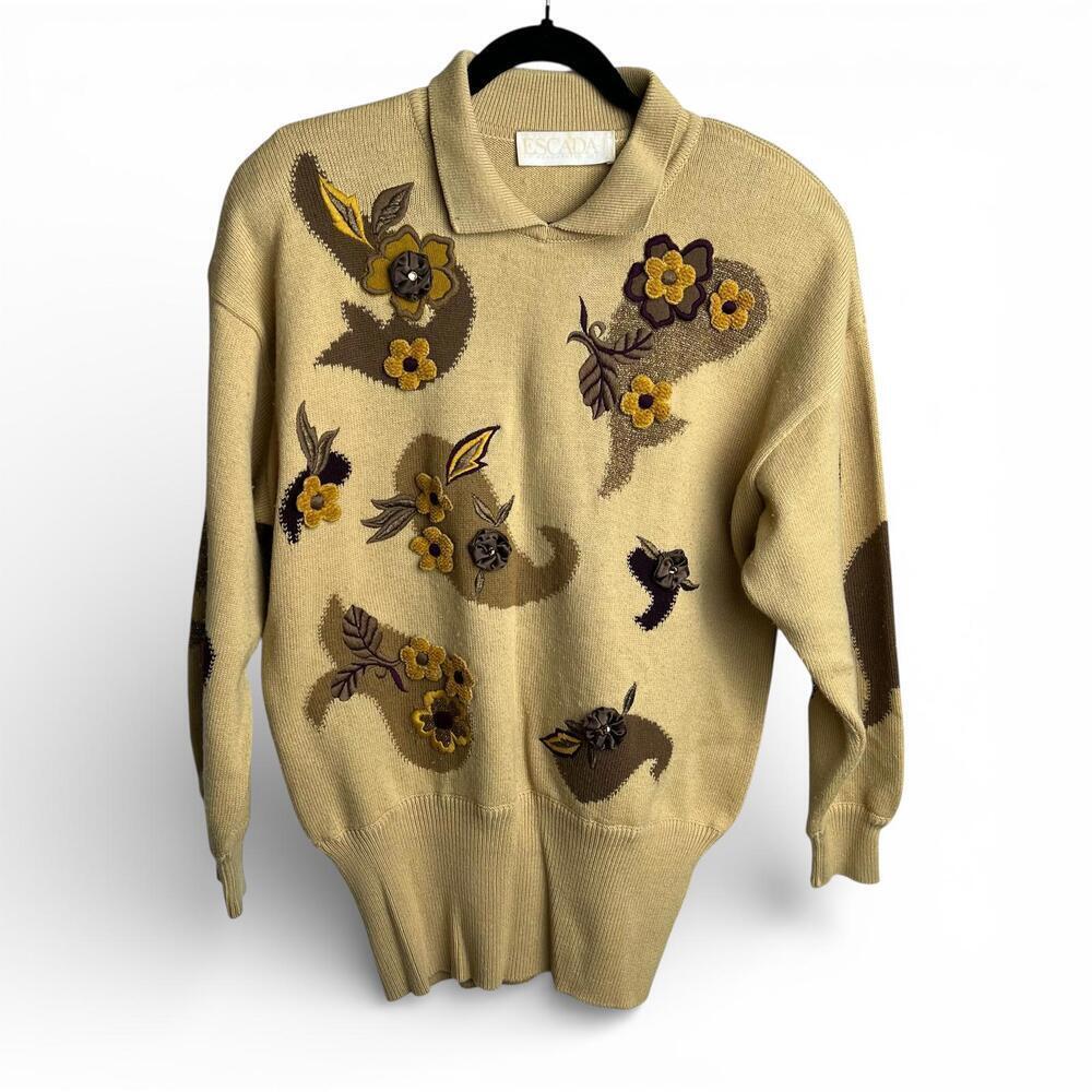 Vintage 80s Escada by Margaretha Ley Floral Applique Embellished Polo Sweater - Picture 1 of 4